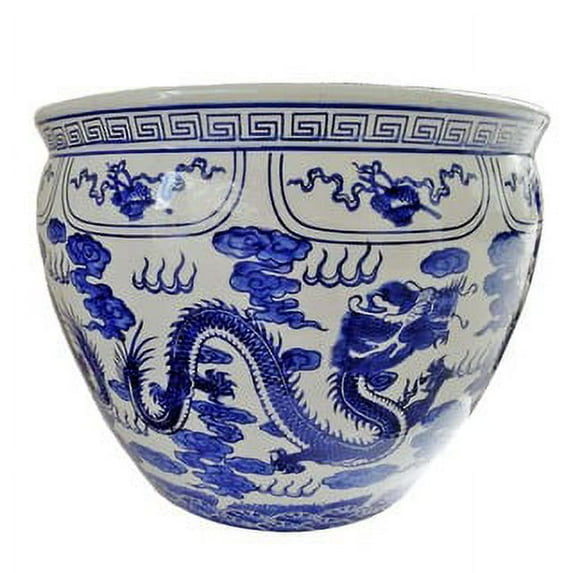 Blue and White Porcelain Fishbowl with Dragon Design (14" W x 11" H - Inside Rim 11.25 , Base 9) - Oriental Furniture Warehouse