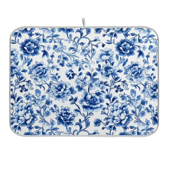 Blue and White Porcelain Floral Dish Drying Mat 16x18 Absorbent Microfiber Draining Rack Pad for Kitchen Counter Sink