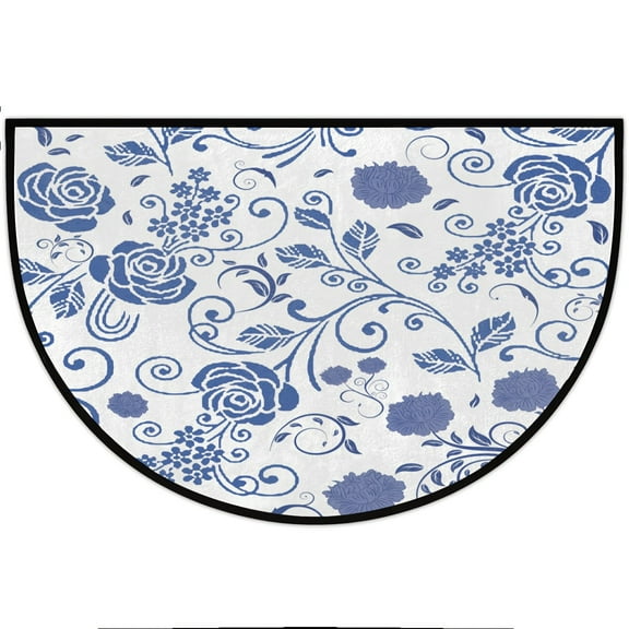 Blue - and - White Porcelain Floral Half - Moon Doormat