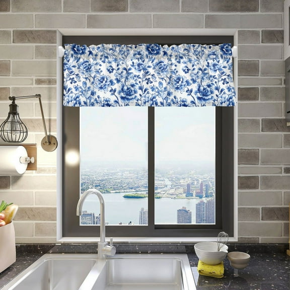 Blue and White Porcelain Floral Valance Curtains Rod Pocket for Kitchen Living Room Windows Farmhouse Decor 54x18