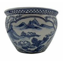 Blue and White Porcelain Garden Pots Painted Landscape (8" W x 6" H - Inside Rim 7.5 , Base 5.25) - Oriental Furniture Warehouse