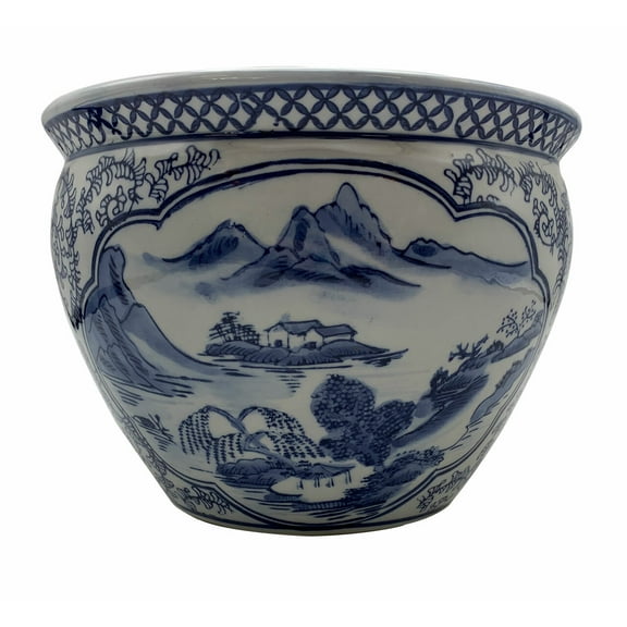 Blue and White Porcelain Garden Pots Painted Landscape (8" W x 6" H - Inside Rim 7.5 , Base 5.25) - Oriental Furniture Warehouse
