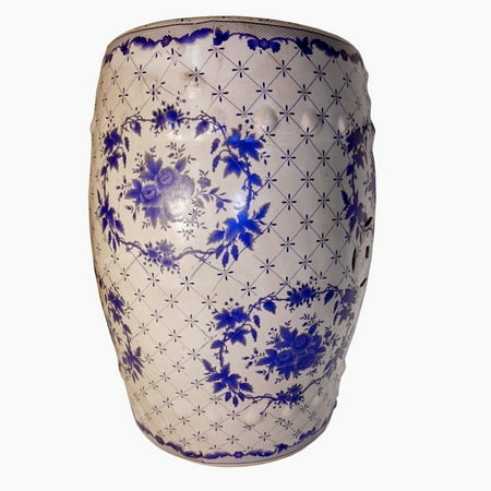 Blue and White Porcelain Garden Stool in European Floral Pattern - Oriental Furniture Warehouse