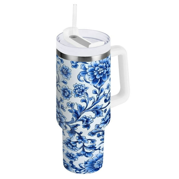 Blue and White Porcelain Insulated Tumblers 40oz Double-Walled Stainless Steel Water Bottles Car Handle
