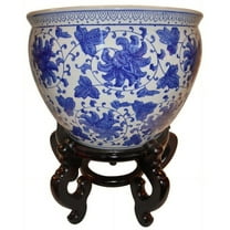 Blue and White Porcelain Jardiniere For Indoor Or Outdoor Use (8" W x 6" H - Inside Rim 7.5 , Base 5.25) - Oriental Furniture Warehouse