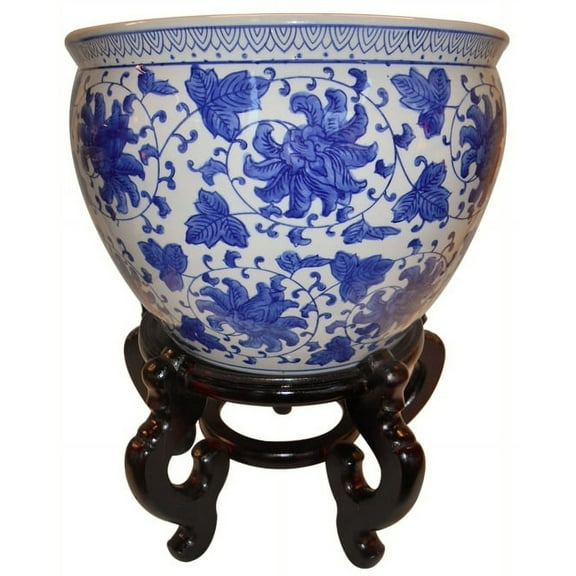 Blue and White Porcelain Jardiniere For Indoor Or Outdoor Use (8" W x 6" H - Inside Rim 7.5 , Base 5.25) - Oriental Furniture Warehouse