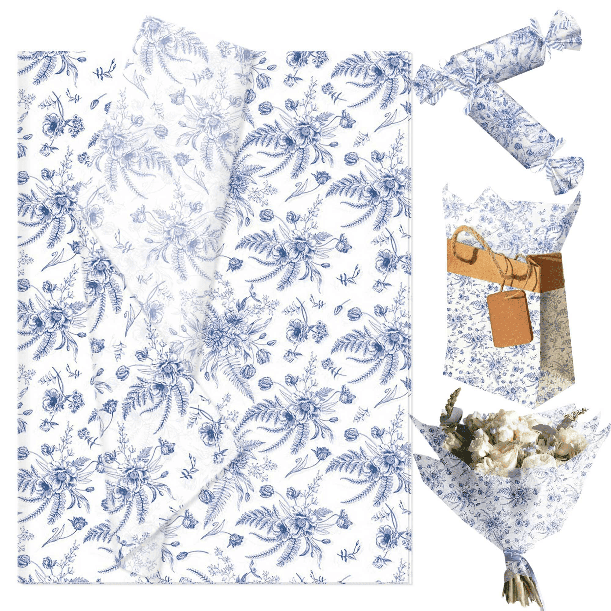 Blue and White Porcelain Patterned Tissue Paper - Chinese Elegance for Party Decor & Gift Wrapping, 50 Sheets