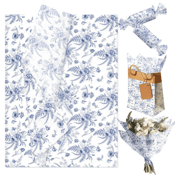 Blue and White Porcelain Patterned Tissue Paper - Chinese Elegance for Party Decor & Gift Wrapping, 50 Sheets