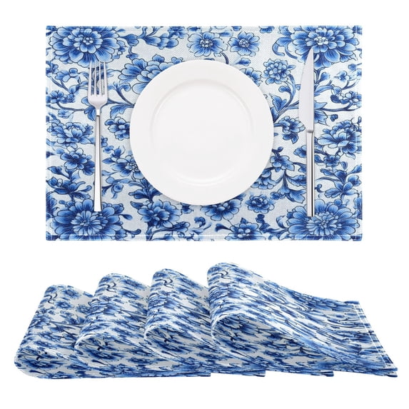 Blue and White Porcelain Reversible Placemat Non Slip Coffee Mat 18x12 Inch for Dining, Kitchen, Coffee