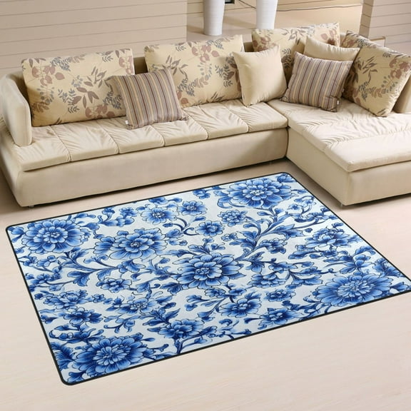 Blue and White Porcelain Soft Polyester Area Rug 31''x20'', Non Slip, Memory Foam, Water Absorbent