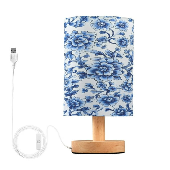 Blue and White Porcelain USB Powered Canvas Shade Desk Lamp LED Light with Stable Base for Home and Office