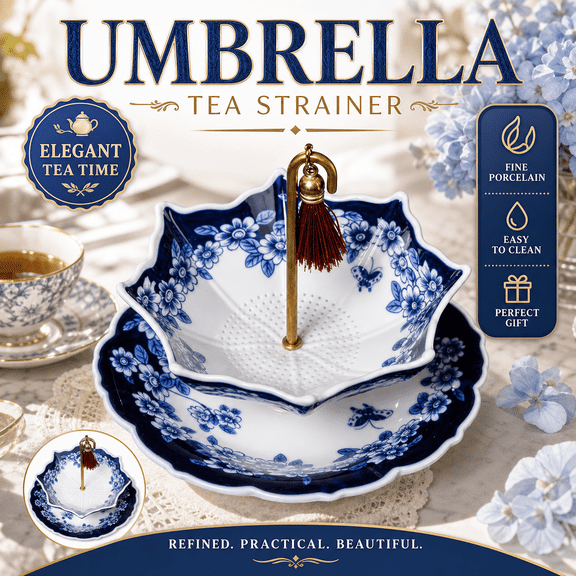 Blue and White Porcelain Umbrella Tea Strainer Set – Creative Ceramic Loose Leaf Tea Infuser with Holder Base, Filter Mesh & Tassel Accent
