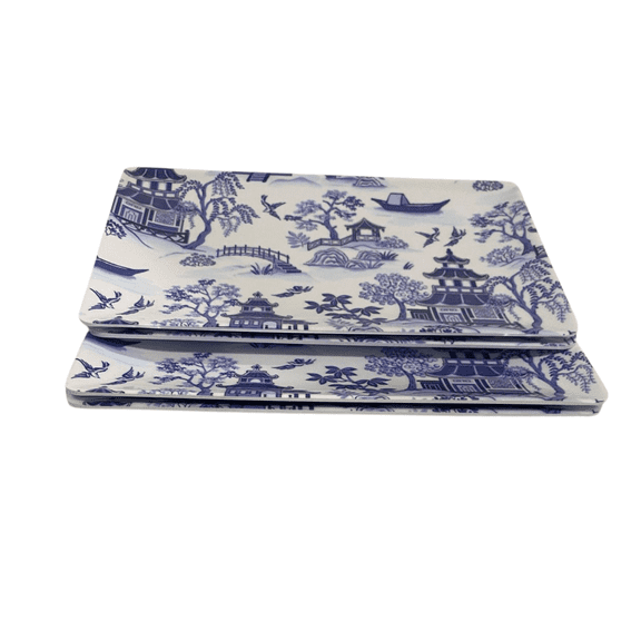 Blue and White Rectangular Salad Plates Set of 4, Asian Inspired Landscape Design, Melamine Plates