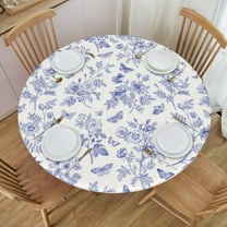 Blue and White Round Table Cloth Floral Butterfly Tablecloth Elastic Edge Fitted Table Cover Fits Tables Up to 52 Diameter