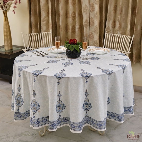 Blue and White Round Tablecloth, India Hand Block Print, Floral Cotton Print with Border, Dining Tablecloth, Gift for Her