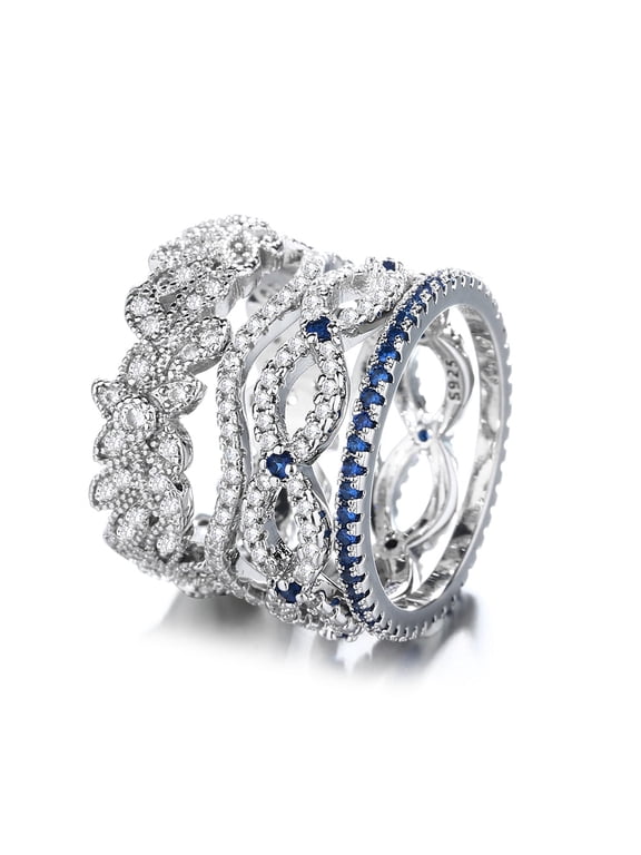Blue and White Sapphire Ring Set in 18K White Gold Plated (Stackable)