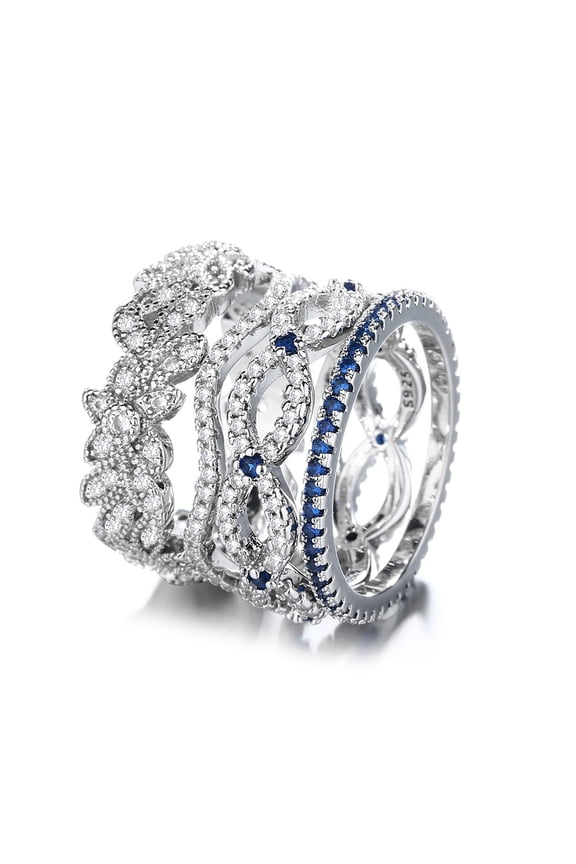 Blue and White Sapphire Ring Set in 18K White Gold Plated (Stackable)