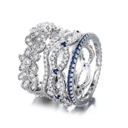 Blue and White Sapphire Ring Set in 18K White Gold Plated Stackable