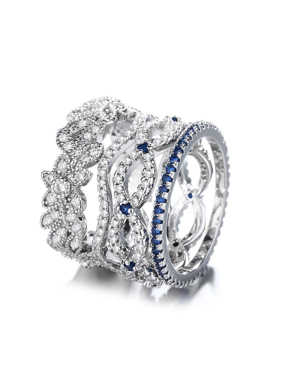 Blue and White Sapphire Ring Set in 18K White Gold Plated (Stackable)