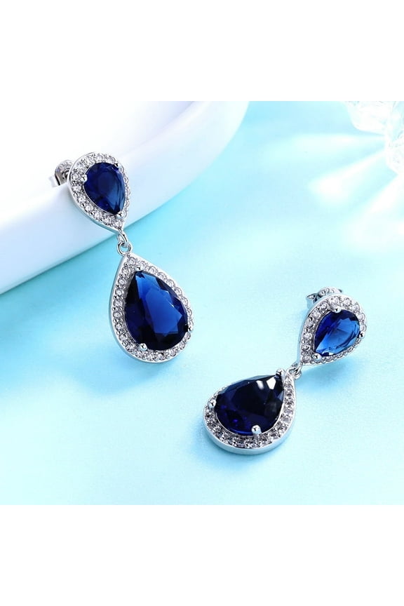 Blue and White Sapphire Teardrop Drop & Dangle Earrings in 18K White Gold Plated