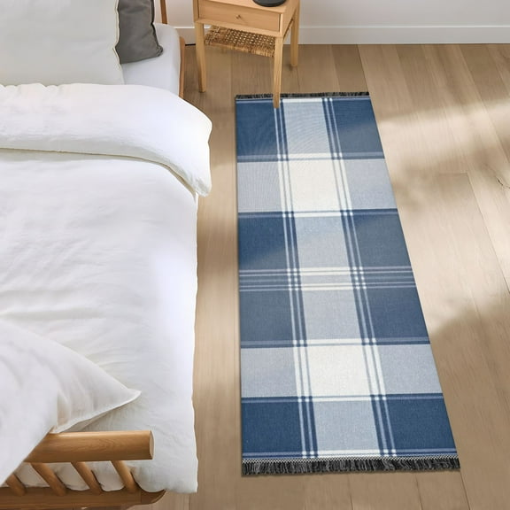 Blue and White Scottish Tartan Plaid Bedside Runner Rug 2'x 6' Non Slip Carpet Floor Mat Area Rug
