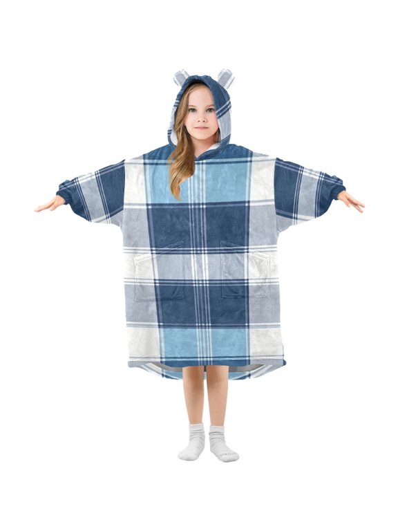 Blue and White Scottish Tartan Plaid Flannel Wearable Blankets Hooded Design Long Sleeves Wrap Unisex for 3T-14Y S