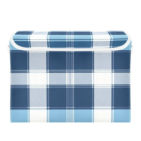 Blue and White Scottish Tartan Plaid Foldable Storage Bin with Lid and Handle Collapsible Storage Box 16.5 x 12.6 x 11.8 inches