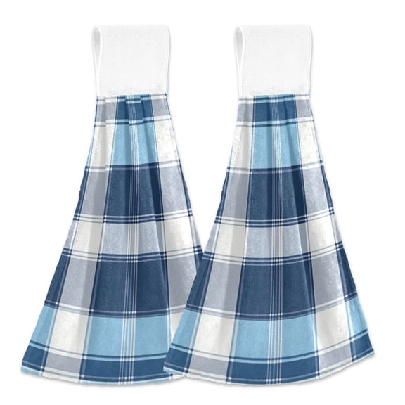Blue and White Scottish Tartan Plaid Hanging Towels with Loop Hand Towels Nylon Fastener Tape Design Dish Cloths 2 Pieces
