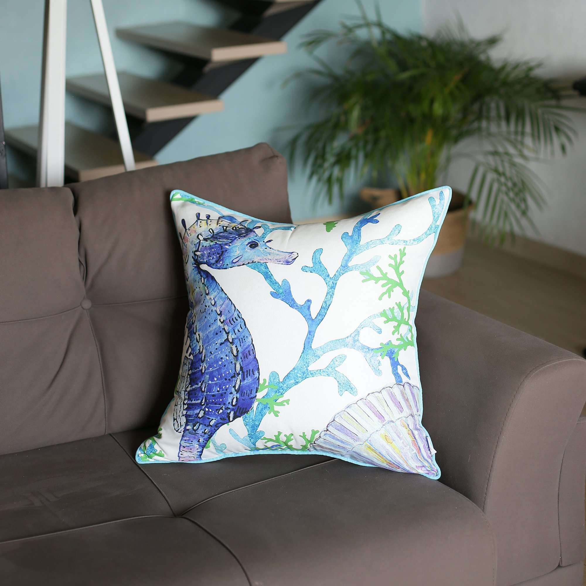 Blue and White Seahorse Marine Throw Pillow with Aqua Piping