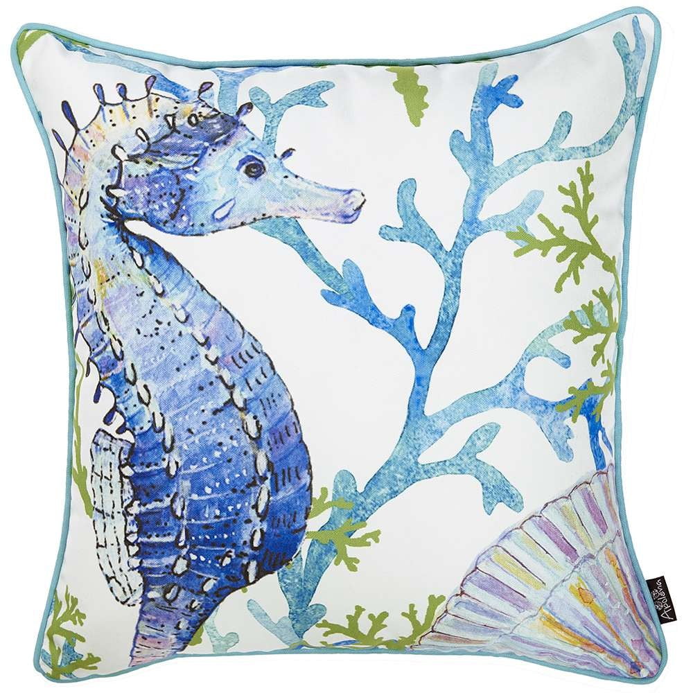 Blue and White Seahorse Marine Throw Pillow with Aqua Piping