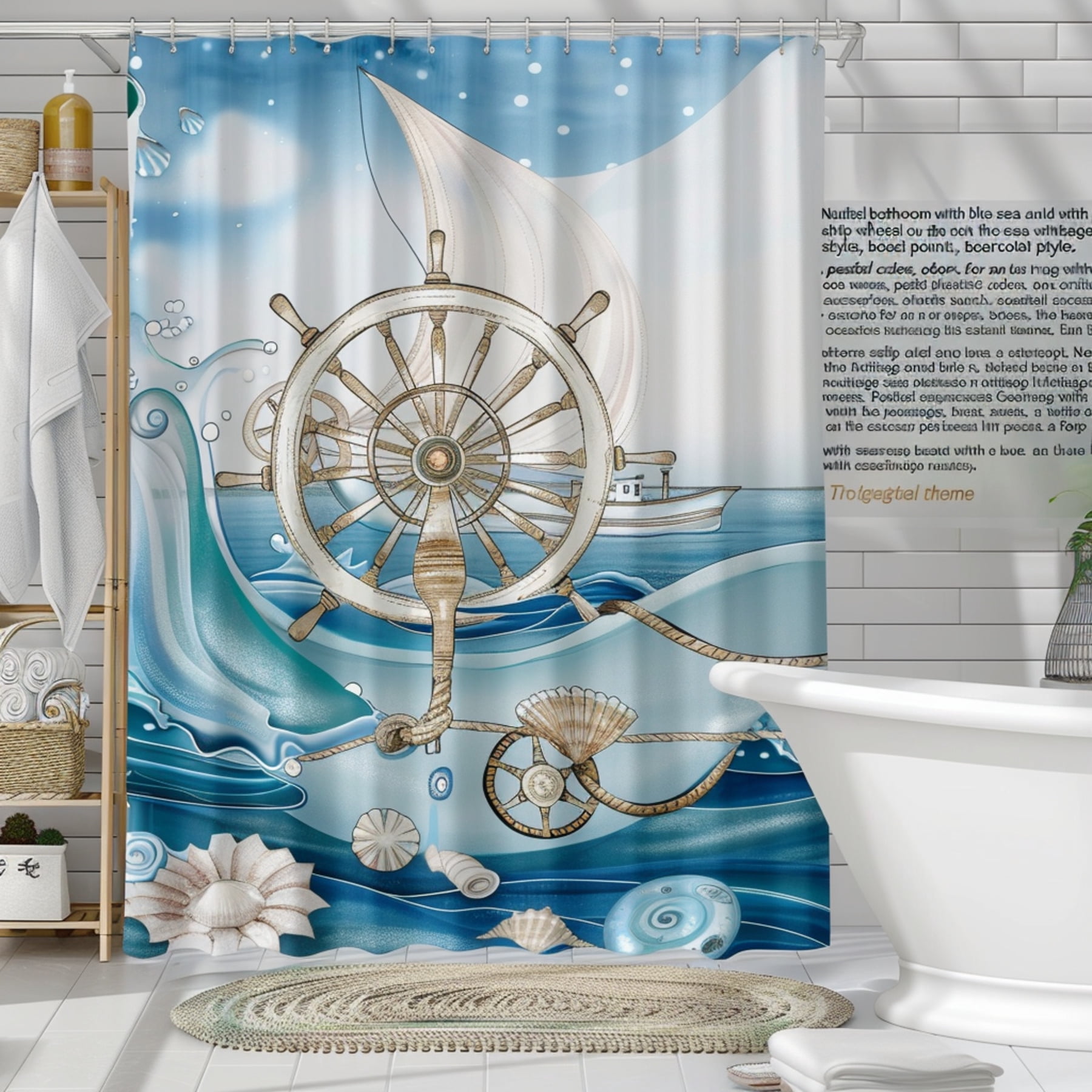 Blue and White Ship Wheel Shower Curtain Coastal Bathroom Decor with ...