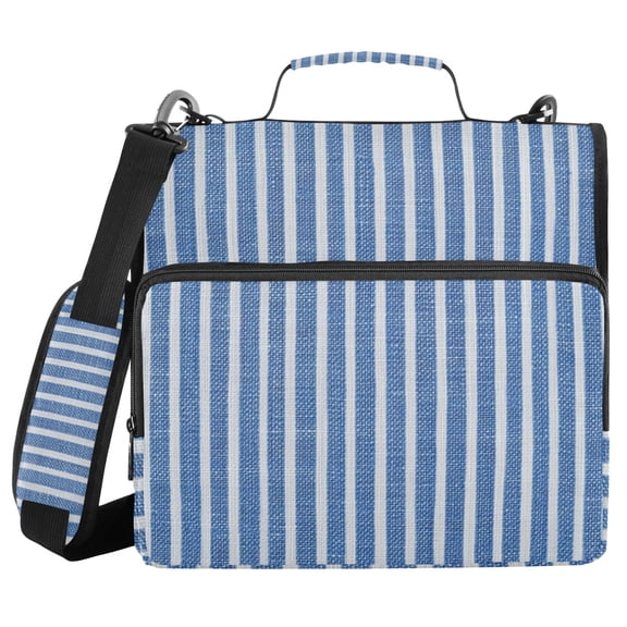Blue and White Shirt Fabric Stripes Binder Bag with Shoulder Strap 3 Ring Zipper Binder File Folder Document Storage