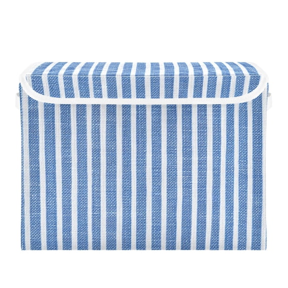 Blue and White Shirt Fabric Stripes Foldable Storage Bin with Lid and Handle Collapsible Storage Box 16.5 x 12.6 x 11.8 inches