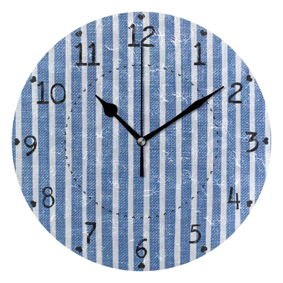 Blue and White Shirt Fabric Stripes Round Wall Clock Silent Analog Battery Operated Black Pointer Home Decor 9.84" Diameter