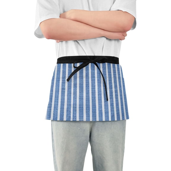 Blue and White Shirt Fabric Stripes Short Server Apron with 3 Pockets for Unisex Chef Gardening
