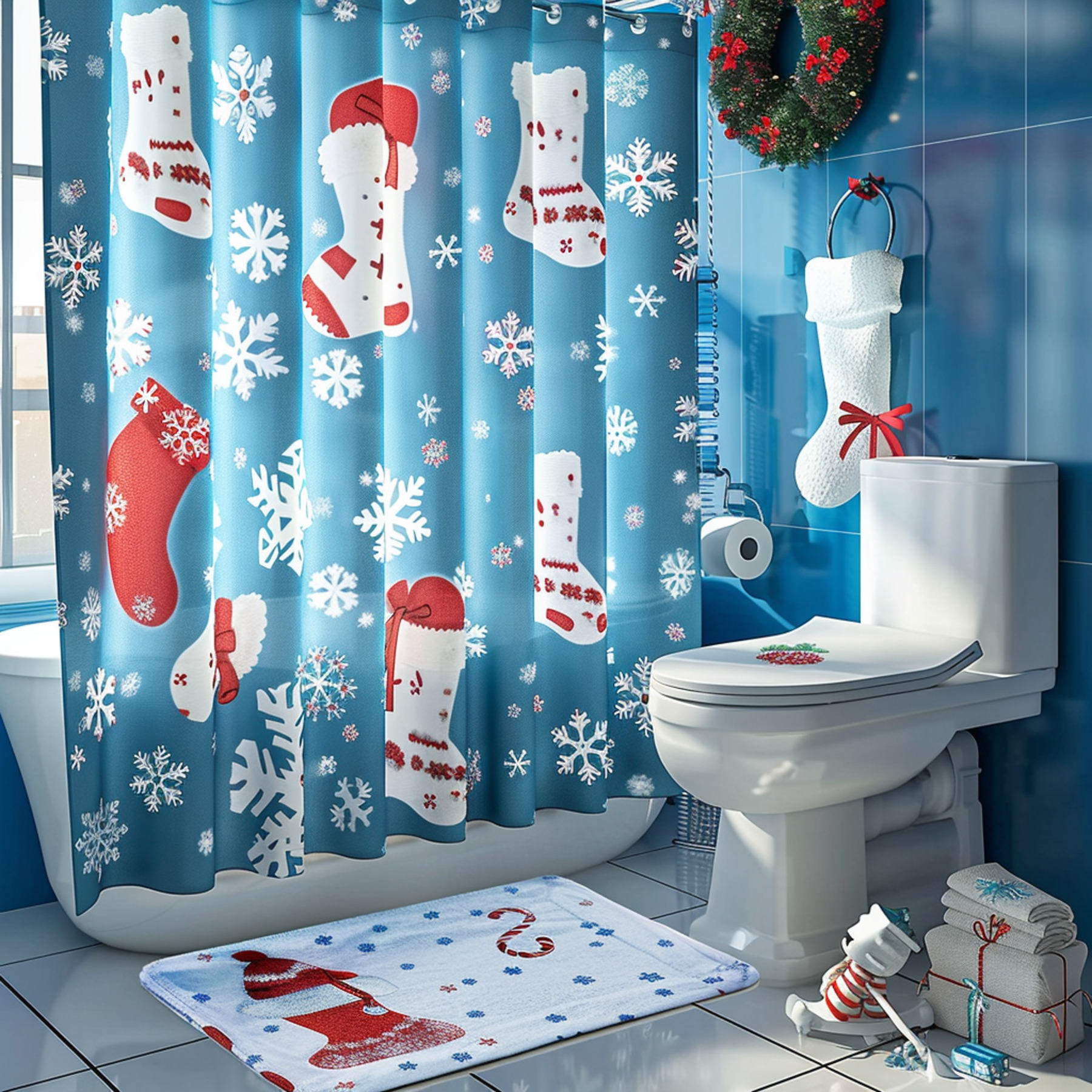 Blue and White Snowflake Christmas Shower Curtain Festive Holiday