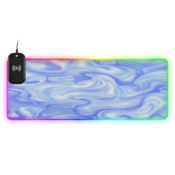 Blue and White Soft Pattern Large RGB Gaming Mouse Pad with Fast Wireless Charging, 35.4''x15.7''