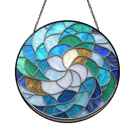 Blue and White Spiral Stained Glass Suncatcher Circular Window Decor Textured Pattern Hanging Glass Art for Interior