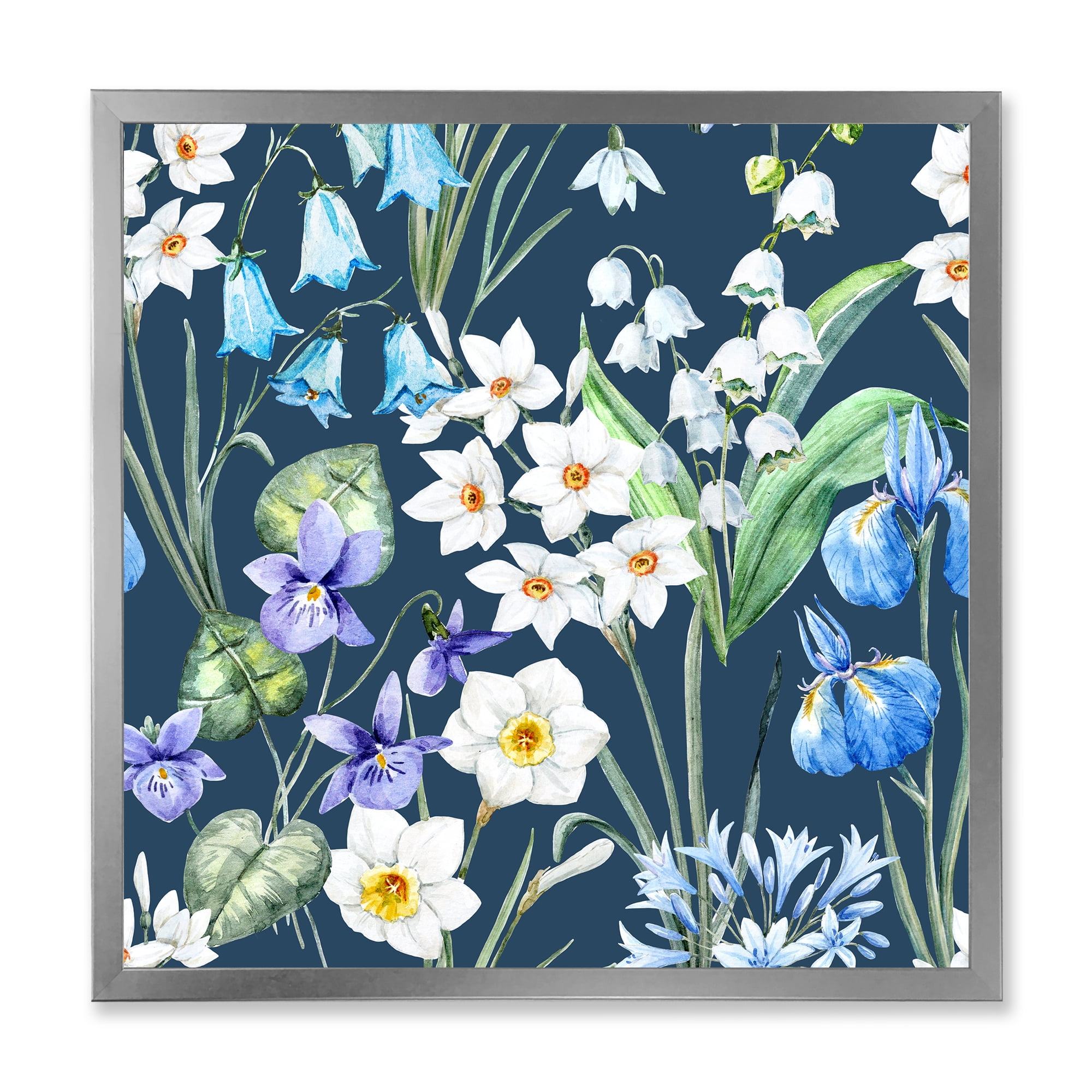 Blue and White Spring Flowers On Dark Blue 16 in x 16 in Framed Painting Canvas Art Print, by Designart