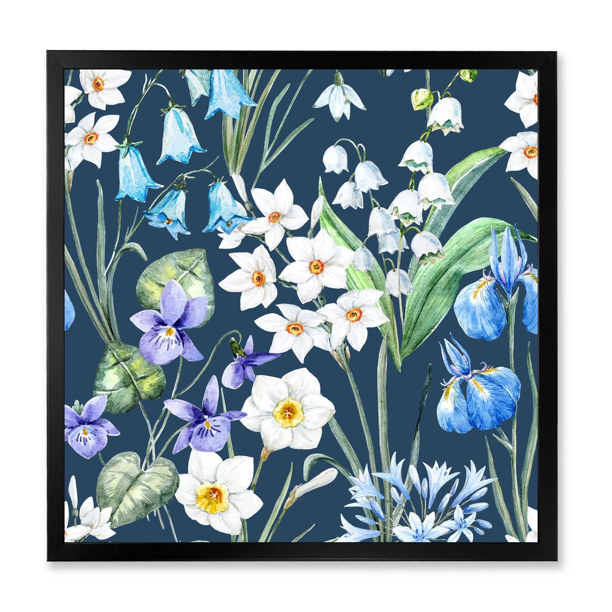 Blue and White Spring Flowers On Dark Blue 16 in x 16 in Framed Painting Canvas Art Print, by Designart