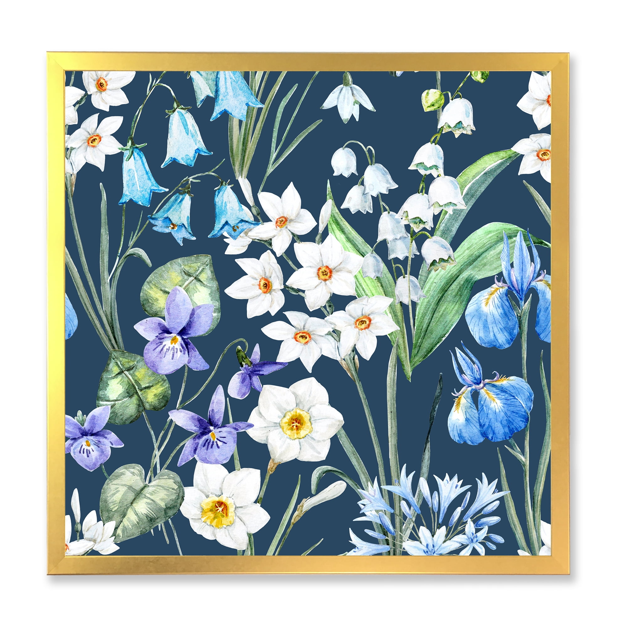 Blue and White Spring Flowers On Dark Blue 16 in x 16 in Framed Painting Canvas Art Print, by Designart