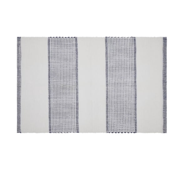 Blue and White Striped Area Rug, Hand Woven Cotton Floor Mat, Modern Flat Weave Rug for Living Room Bedroom Kitchen Entryway