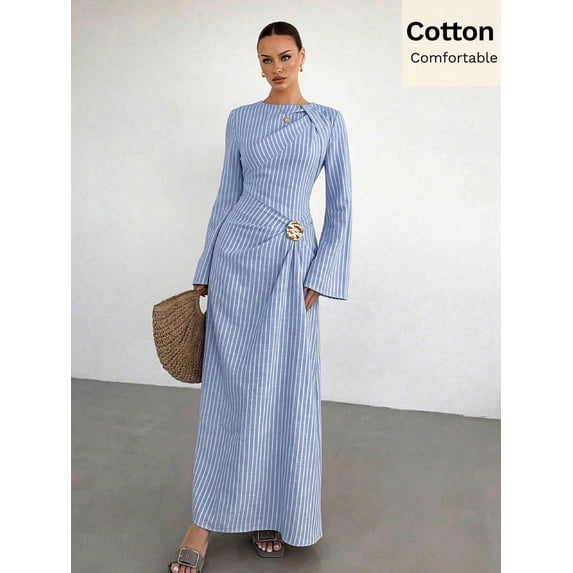 Blue and White Striped Cotton Maxi Dress with Elegant Belt Detail