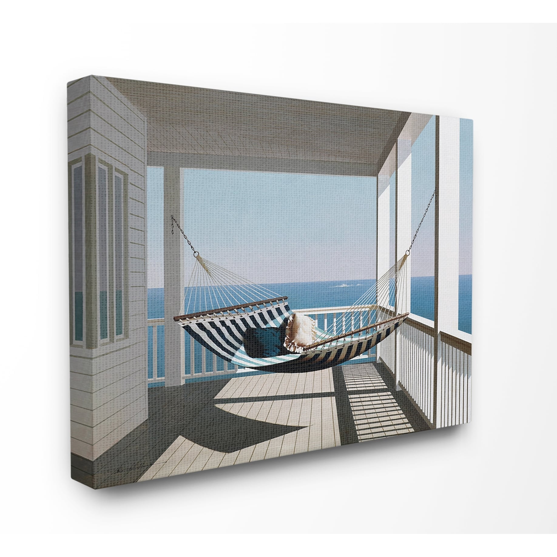 Blue and White Striped Hammock on the Beach House Porch Canvas Wall Art
