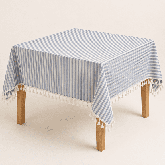 Blue and White Striped Square Cotton Blend Tablecloth with Tassels, 55" x 55"