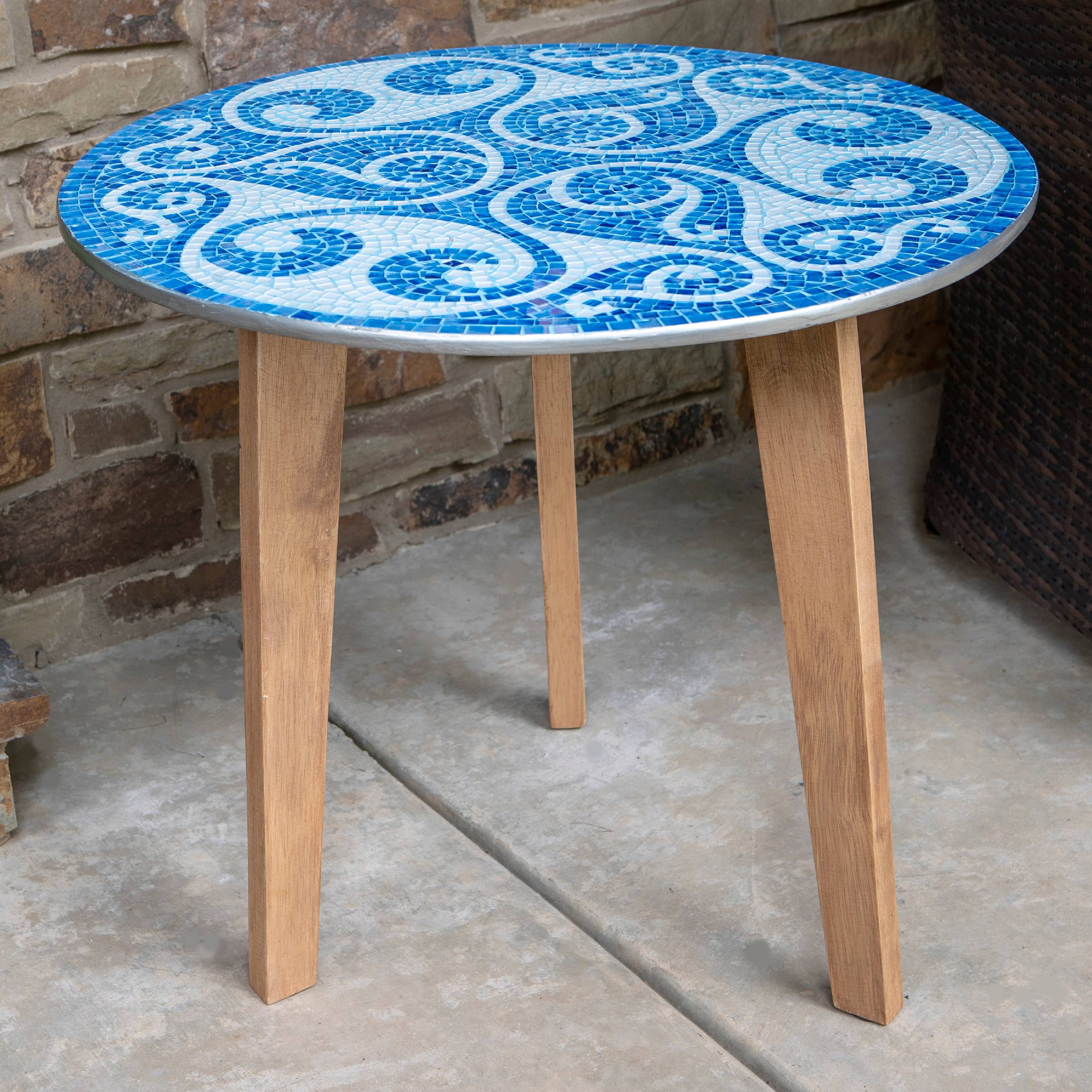 Blue and White Swirl Mosaic Stained Glass End Table