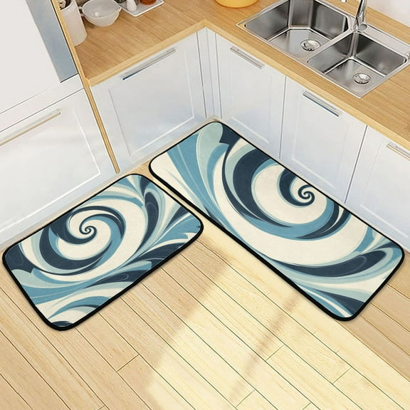 Blue and White Swirls Art Kitchen Mat Set of 2 Cushioned Non Slip Rugs for Bedroom Floor Runner Mats