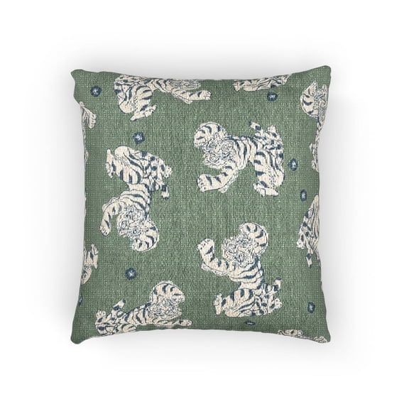 Blue and White Tiger Pattern on Green Decorative Woven Pillow, Cotton-Polyester Shell, Eclectic Decor