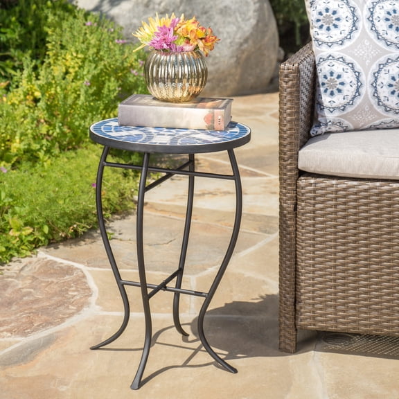 Blue and White Tile Side Table with Iron Legs for Outdoor / Functional and Stylish