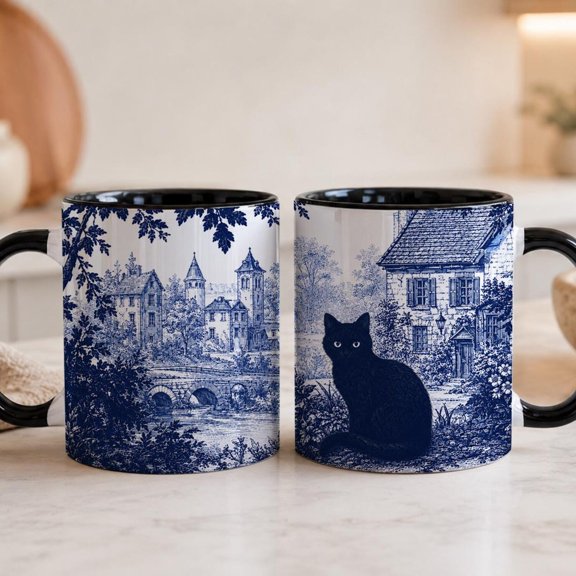 Blue and White Toile Black Cat Mug, Vintage Chinoiserie Coffee Cup, Cottagecore Pastoral Scene Mug, Cute Black Cat Lover Gift, Black Cat Mom